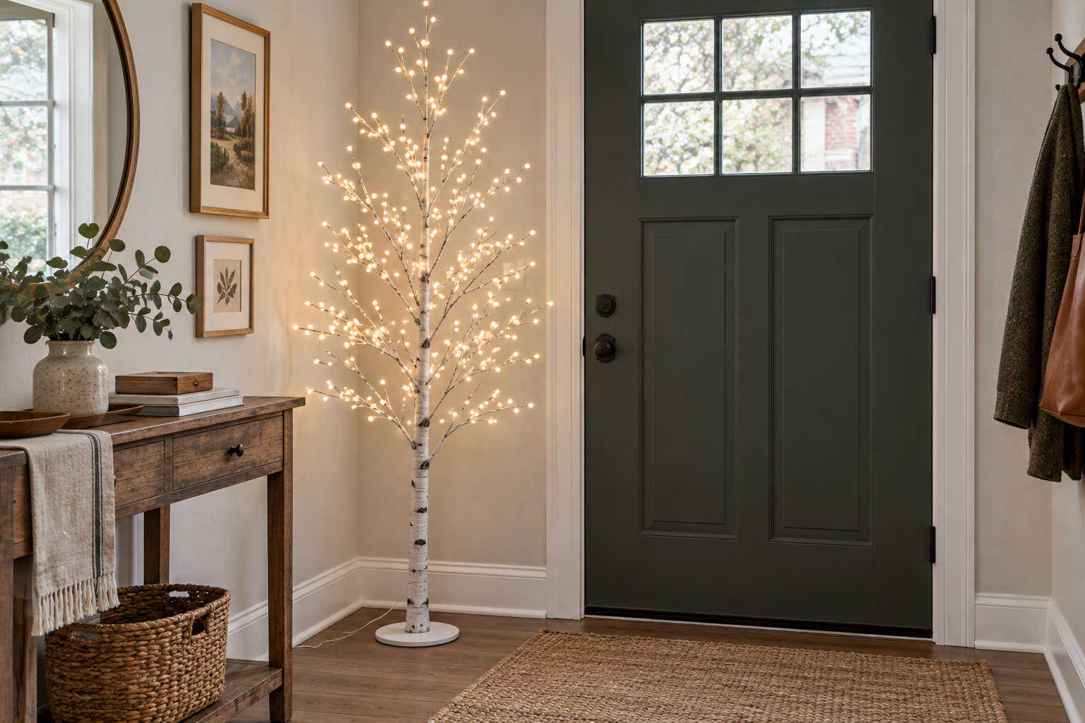 A six-foot lighted birch-style tree beside the front door of a home