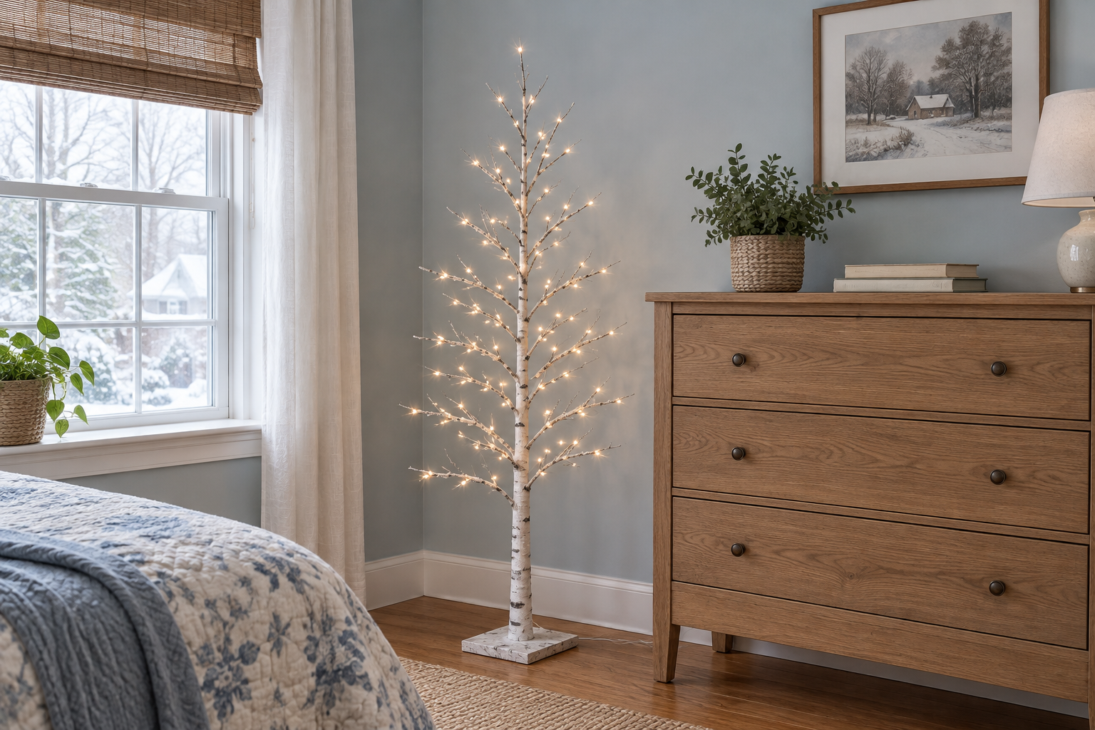A slim four-foot lighted birch-style tree in a bedroom beside a wood dresser