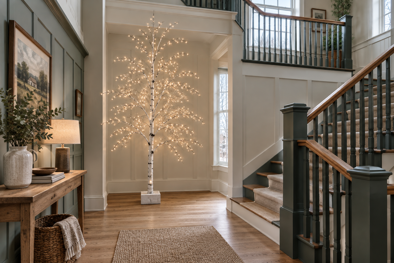 A tall lighted birch-style tree in a stair hall with room around the branches