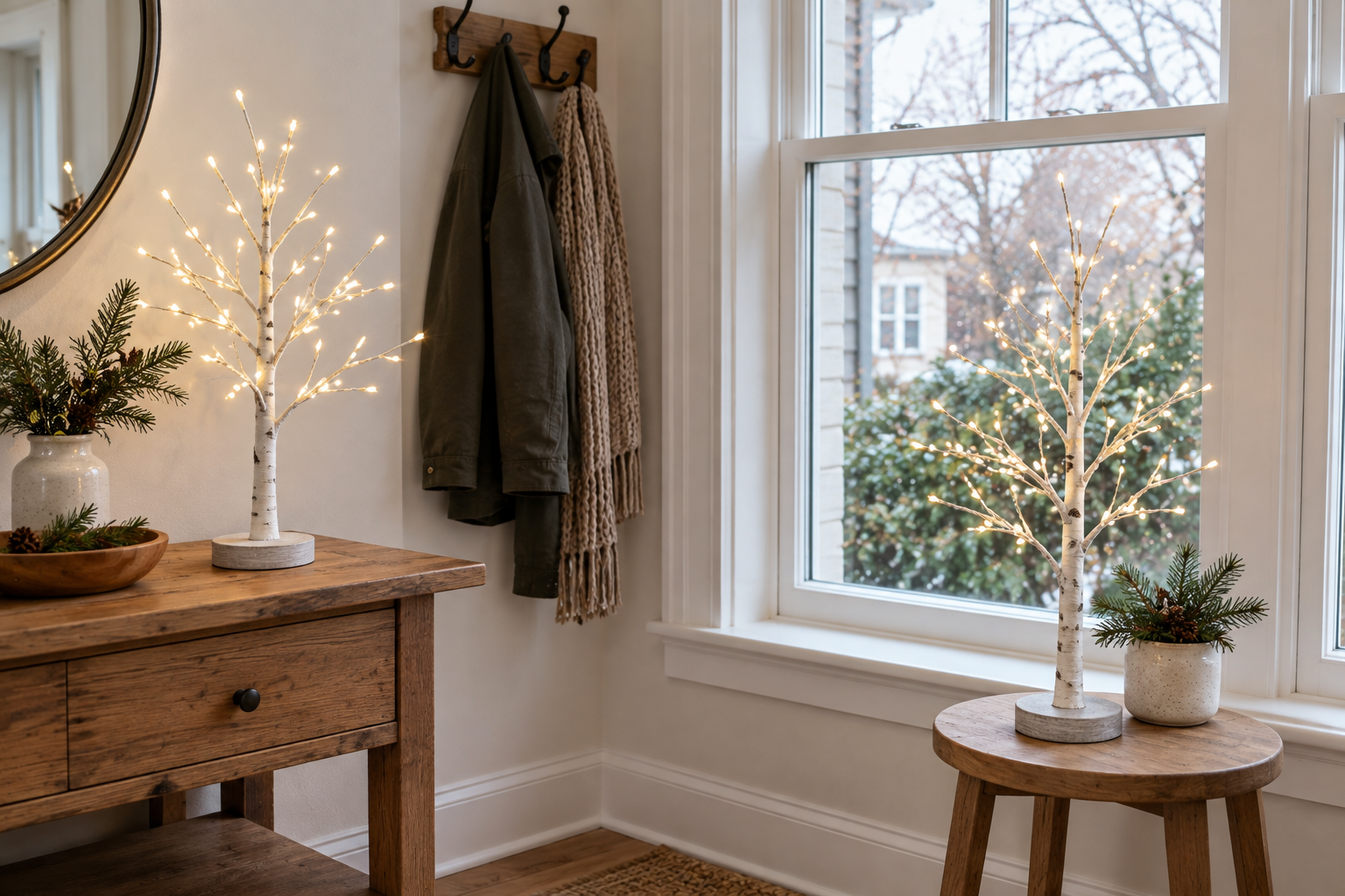 Two small lighted birch-style trees on separate tables in a compact entry
