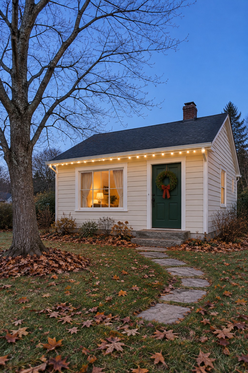Cottage at dusk with a single straight run of small warm white lights along the eave