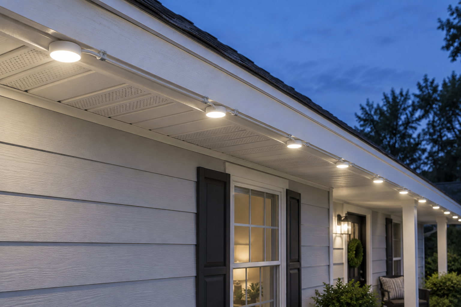 Close view under a straight white eave showing evenly spaced permanent puck lights, a clean cable run, and screw-in mounting clips