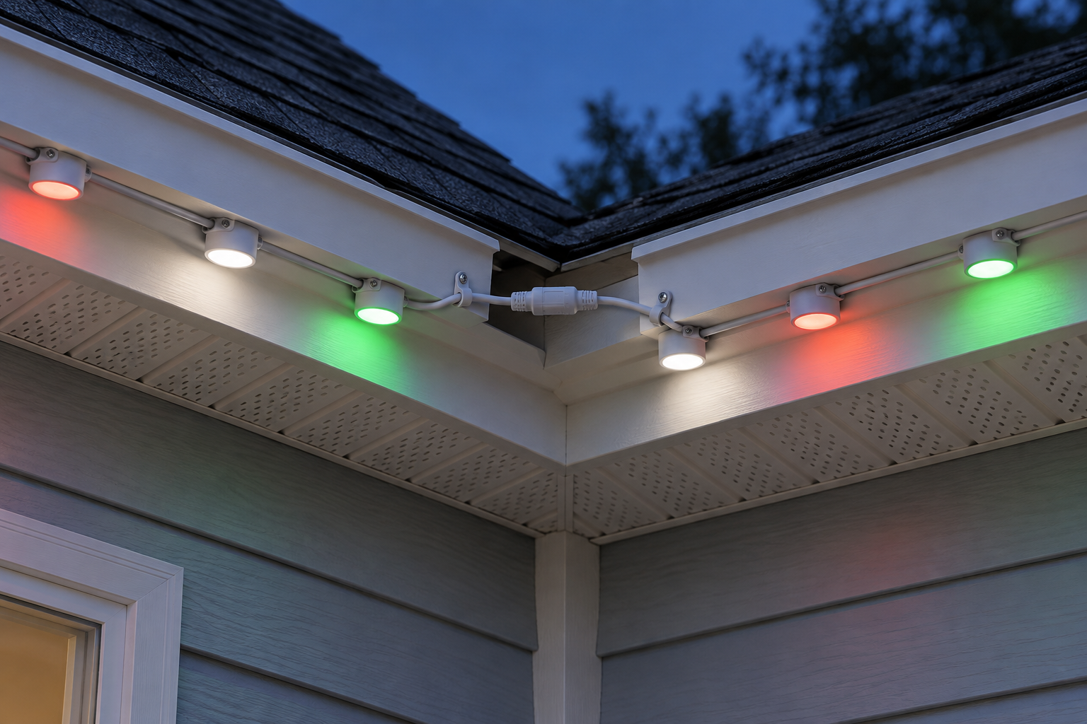 Close view of a permanent eave-light installation turning around a roof corner, with a neat weather-protected splice and screw mounting clips visible