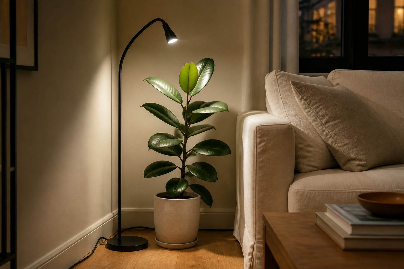 Slim black single-head grow lamp aimed at a rubber plant beside a linen sofa