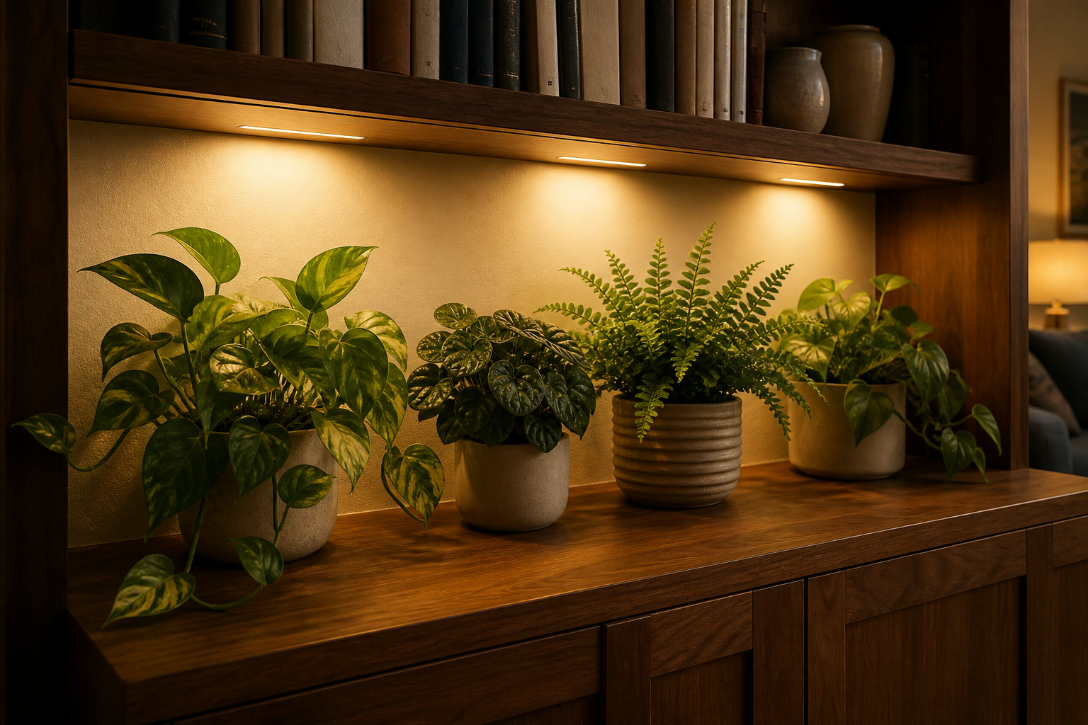 Warm grow light bars hidden beneath a wood bookcase shelf above pothos and small foliage plants