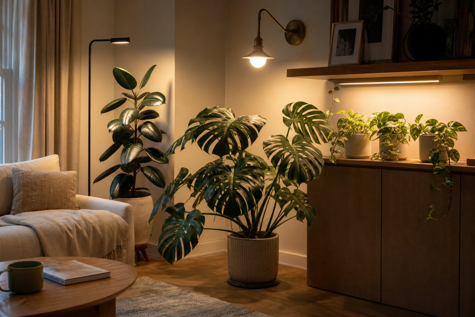 Living room showing a slim black grow lamp by a rubber plant, a warm shelf light over pothos, and a balanced white bulb in a floor lamp