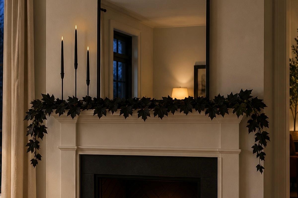 A soft black maple leaf garland resting along one edge of a cream mantel beneath a round mirror