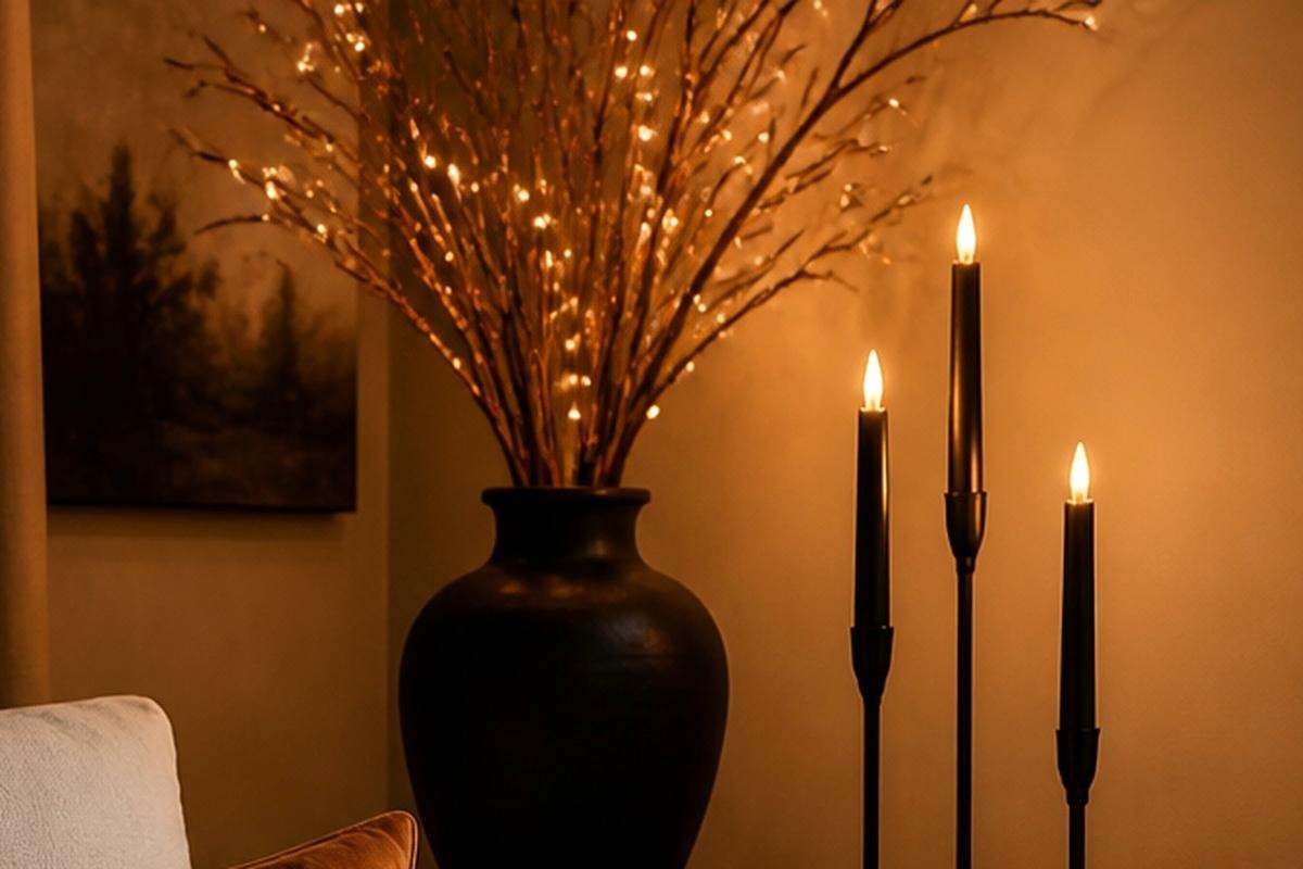 Three slender black flameless taper candles glowing on a console beside a round black mirror