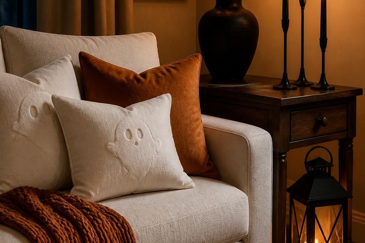 Two cream ghost-texture pillow covers on a neutral sofa with one rust velvet pillow