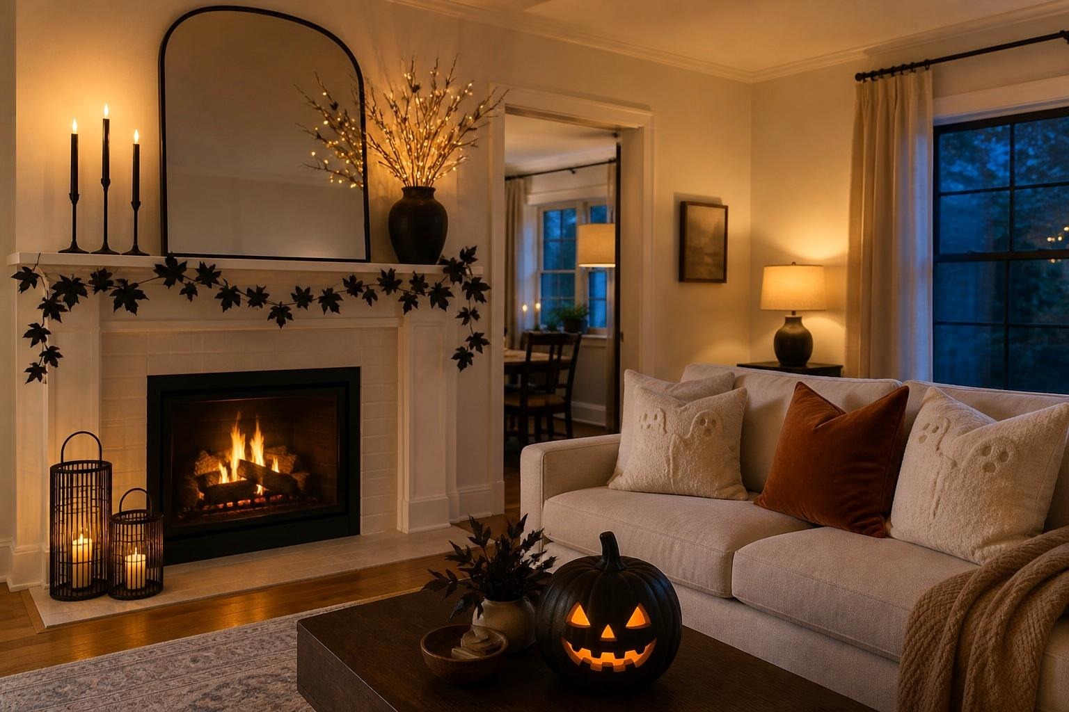 A warm cream living room at blue hour with black flameless tapers, soft ghost pillows, lighted branches, a black leaf garland, two lanterns, and one black jack-o-lantern