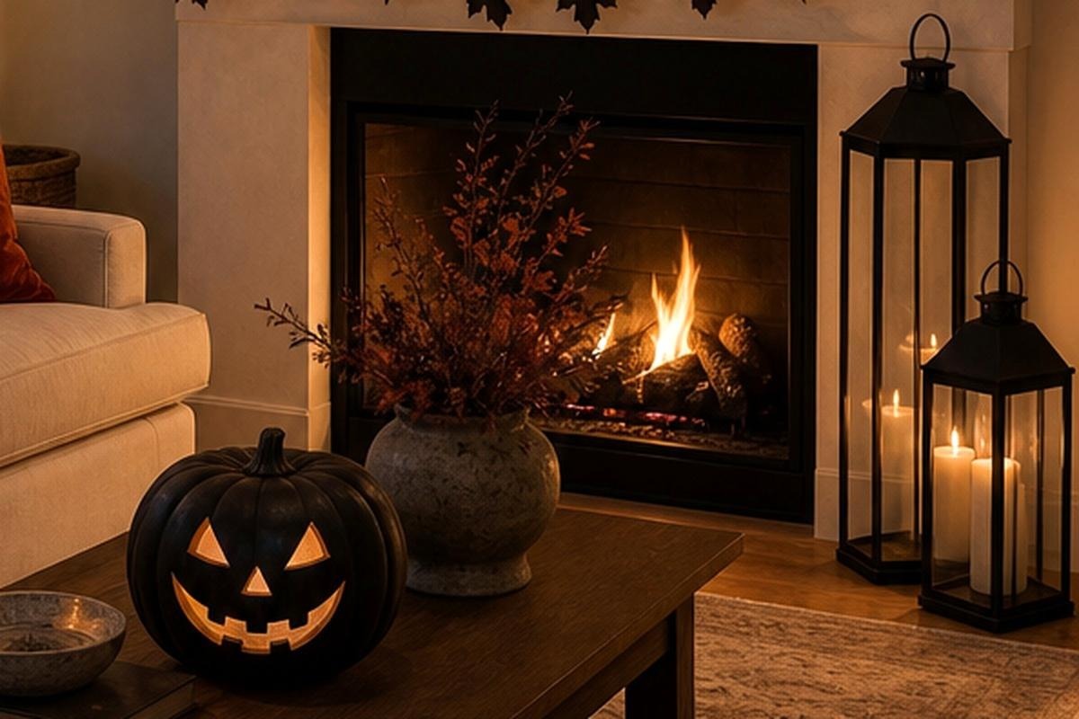 Two open black metal lanterns with warm flameless candles beside a fireplace hearth