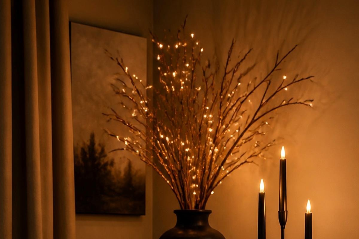 Tall brown lighted branches in a dark ceramic vase on a living room console