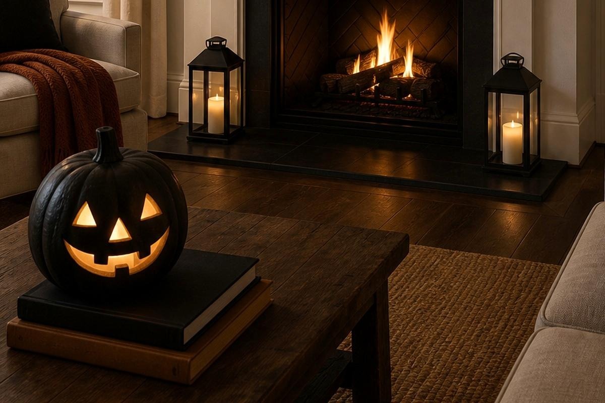 One black terracotta jack-o-lantern glowing on a low living room table beside two stacked books