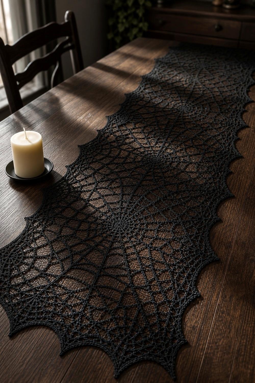Black lace table runner with a spider web pattern laid down a dark wood dining table