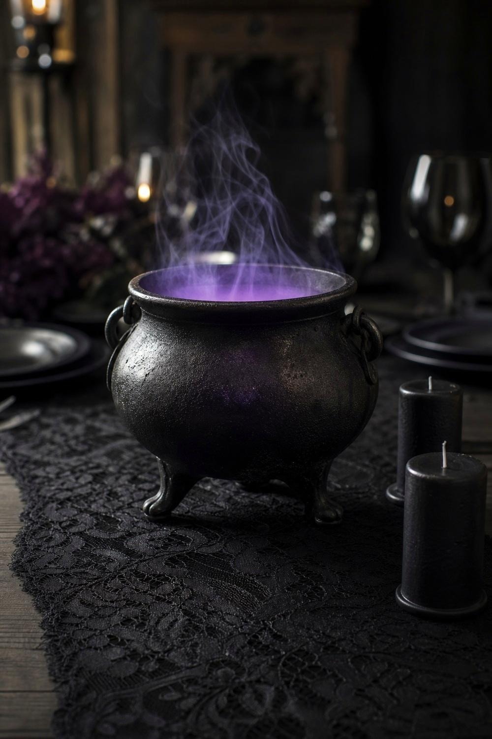 A black bubbling cauldron set as the single focal centerpiece on a dark Halloween table
