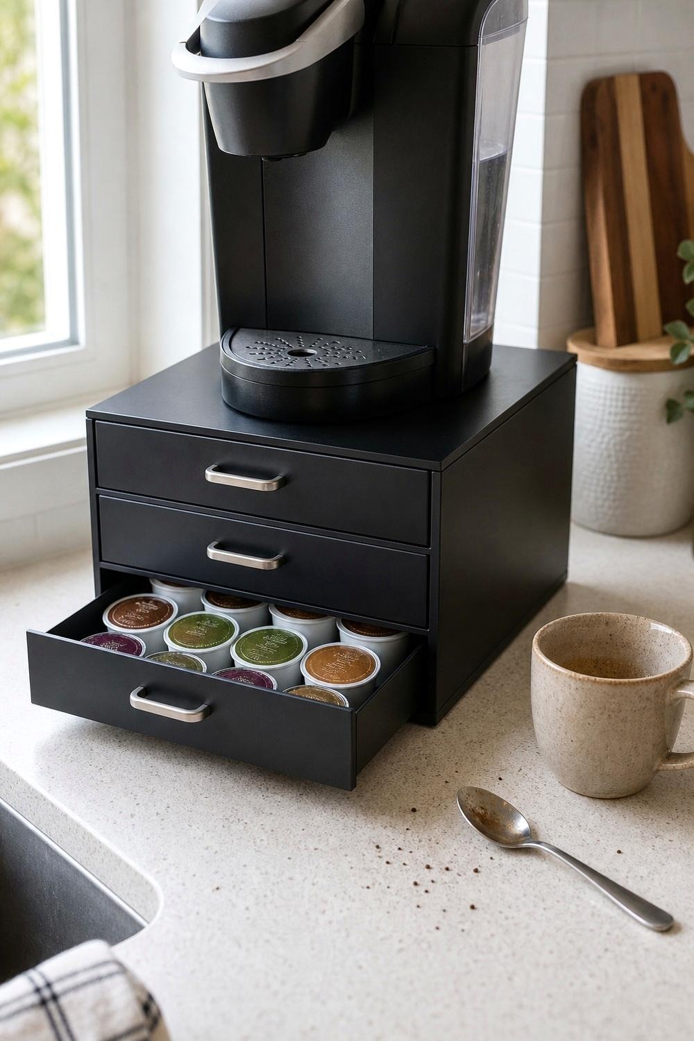 Three-drawer pod storage organizer sitting flat beside a coffee maker on a kitchen counter