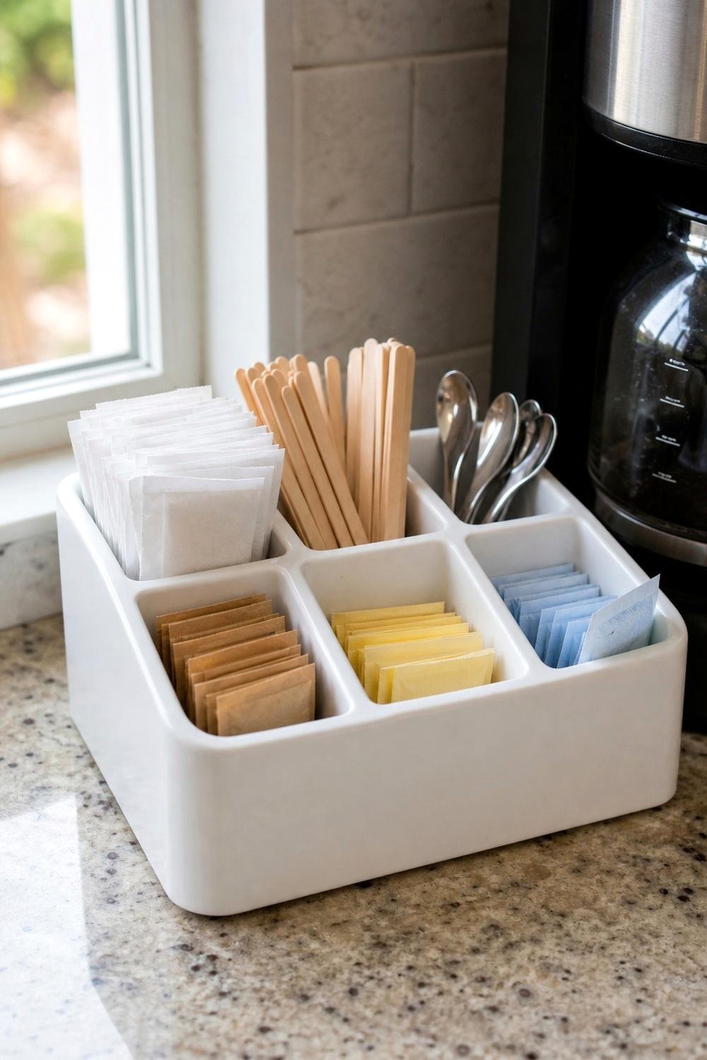 Thirteen-inch condiment station with multiple compartments for sugar, creamer, and stir sticks on a coffee counter