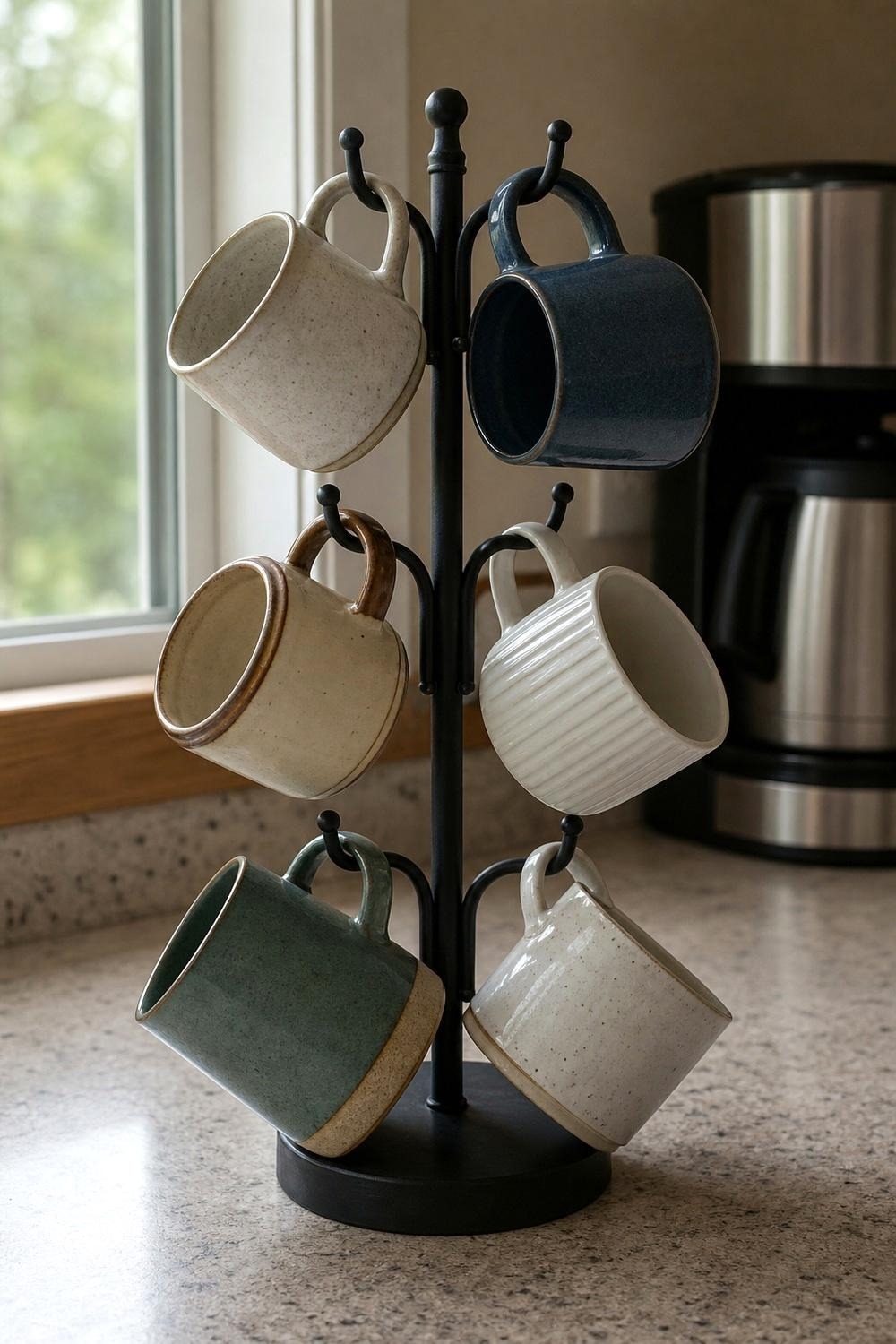 Black six-hook mug tree holding coffee mugs beside a countertop coffee station