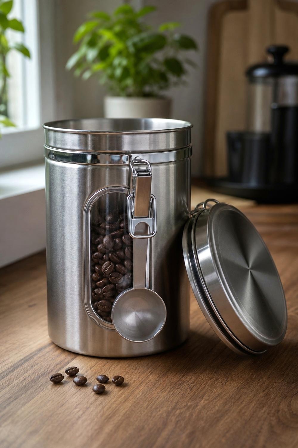 Stainless steel coffee canister with a viewing window sitting on a counter next to a mug rack