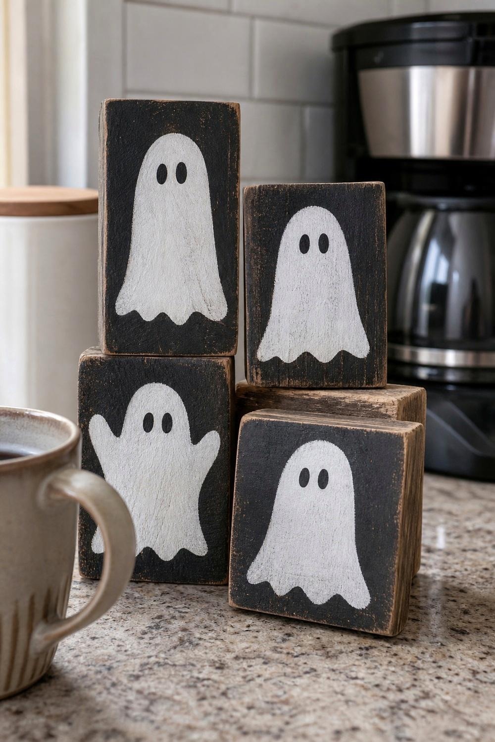 Four small wooden ghost-themed stacking blocks arranged behind a coffee canister on a counter