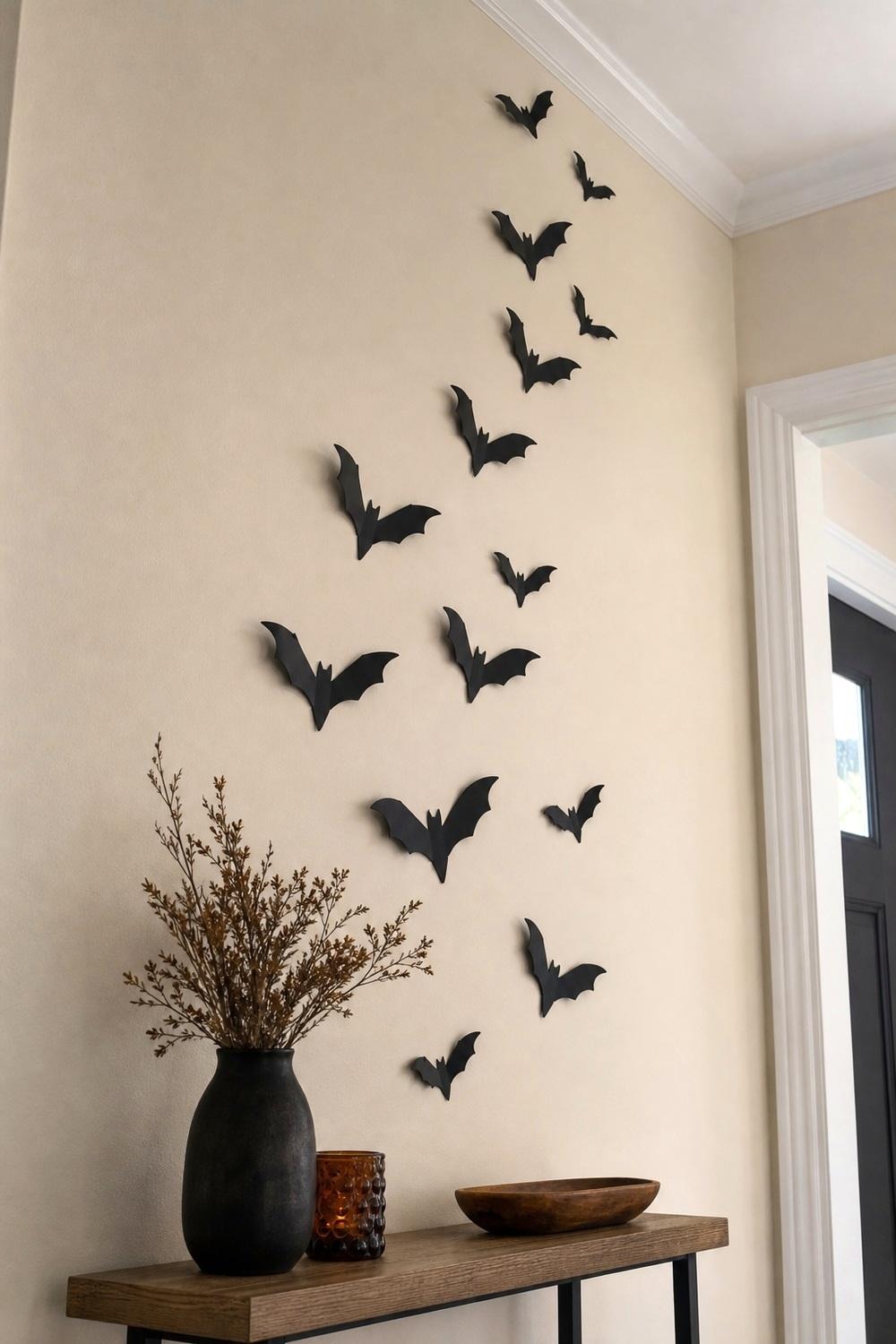 Small 3D bat wall decals arranged in a flock pattern on a wall above a console table
