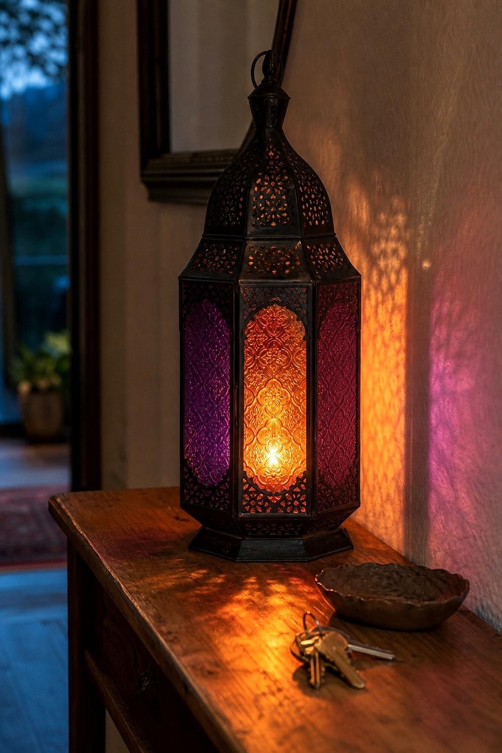 A Moroccan-style gothic metal candle lantern sitting on an entryway console table