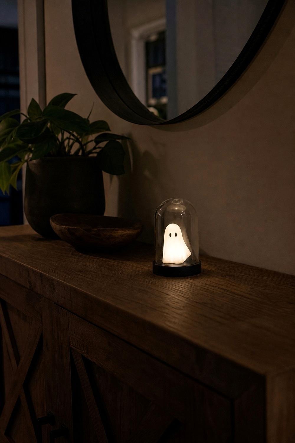 A small light-up ghost figure enclosed in a glass cloche on a narrow entryway table