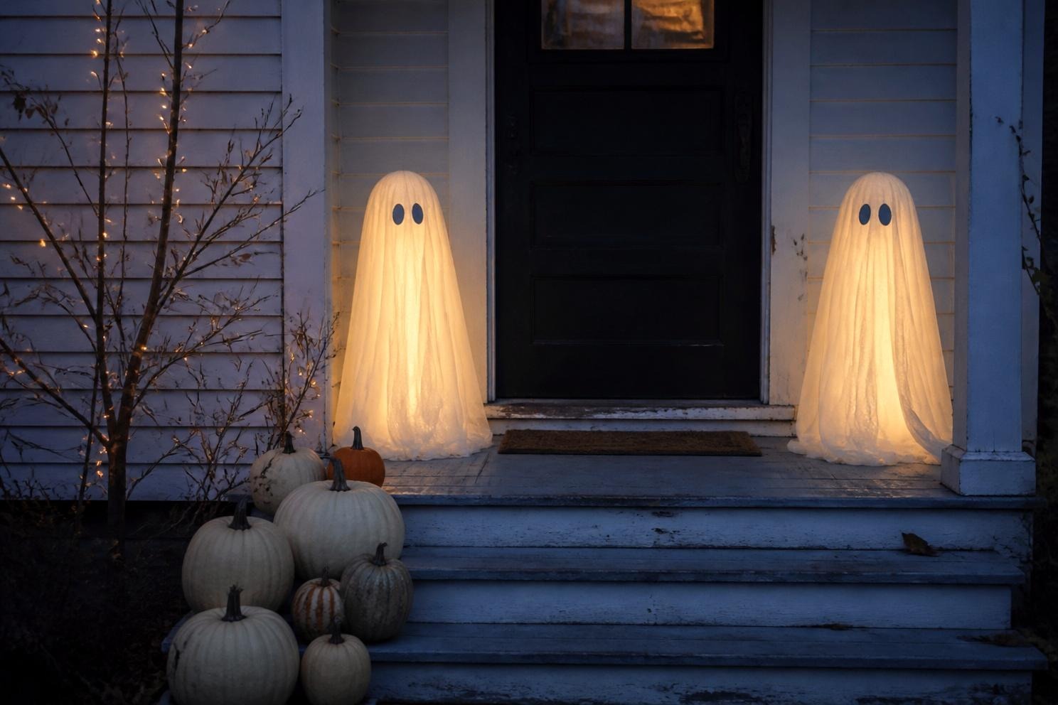 A front porch at dusk with glowing white ghost shapes, lit bare branches, and pumpkins on the steps