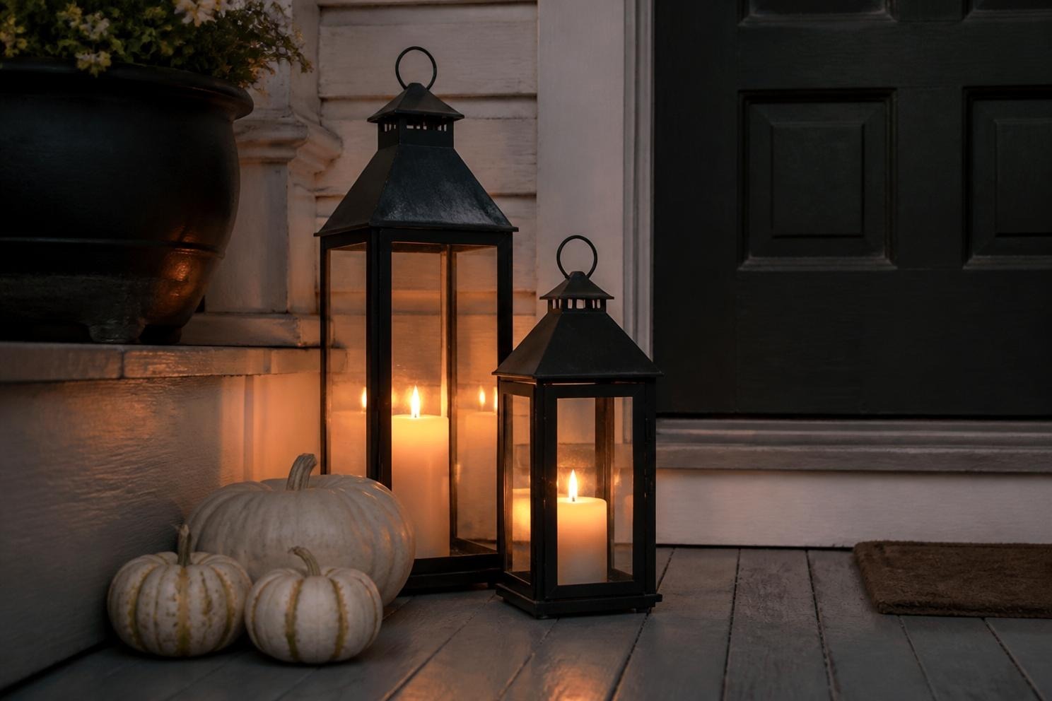 Two black metal lanterns of different heights beside a door with pumpkins grouped on the step