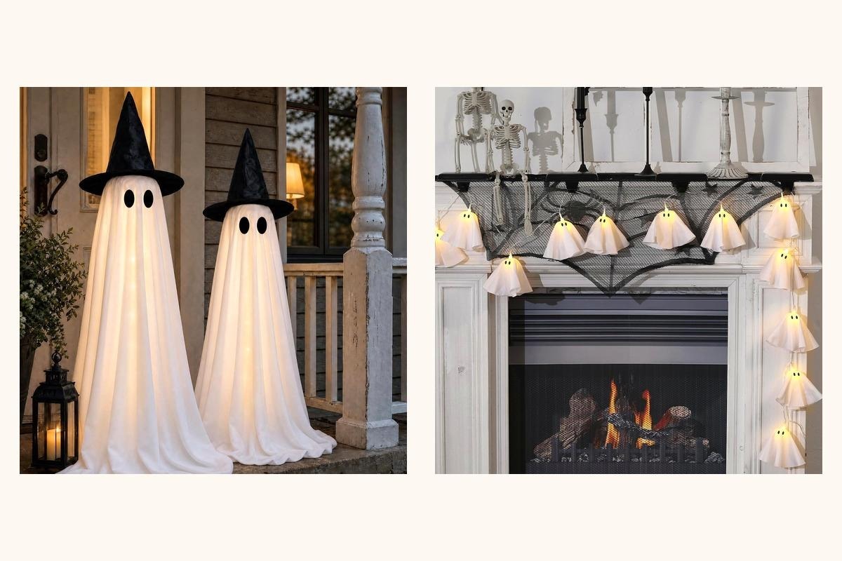 Standing light up ghosts on a porch and a light up ghost garland on a mantel