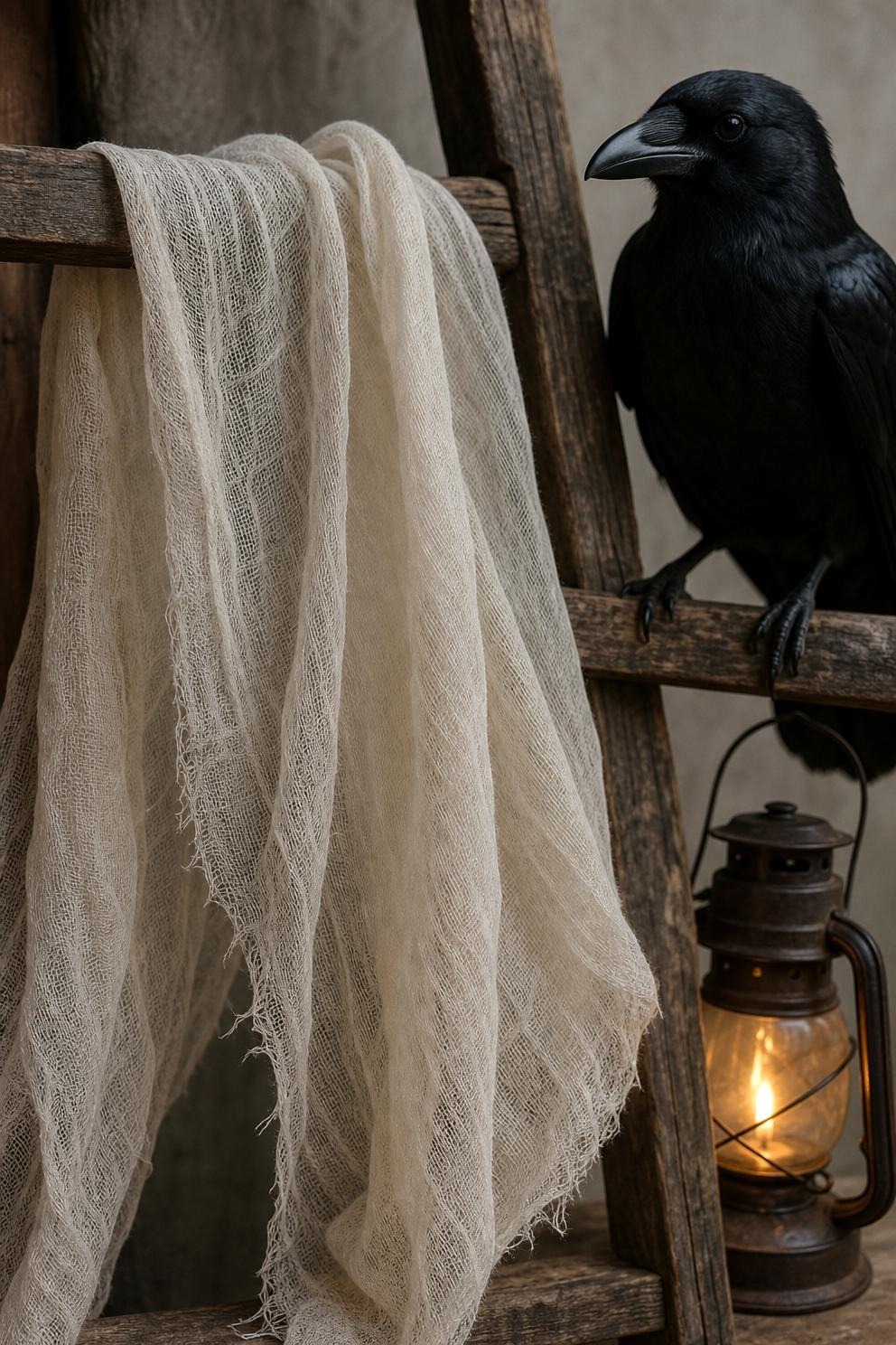 A ladder rung with thin torn cheesecloth draped over it, one matte black crow and a small brass lantern holding a flickering flameless candle