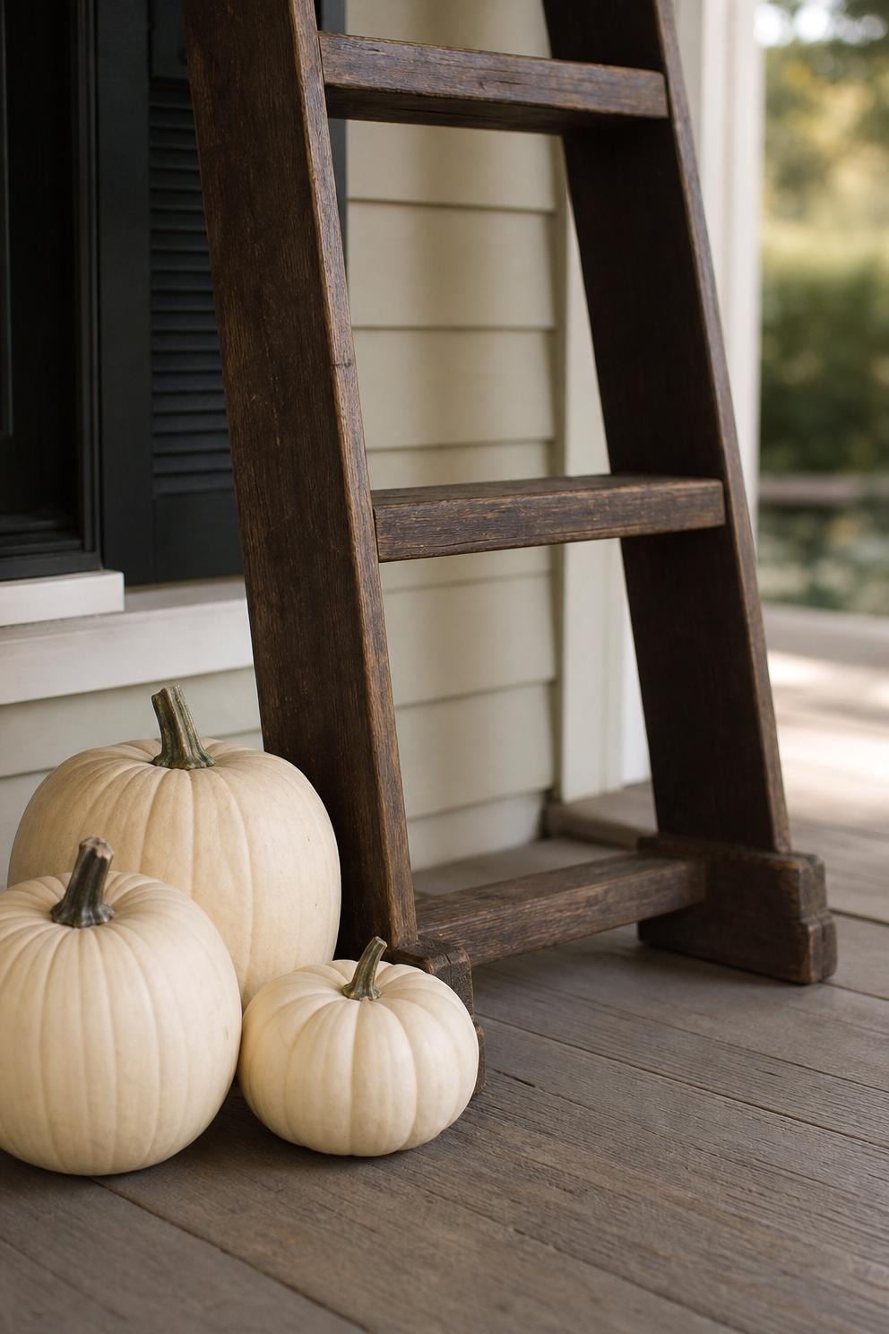 The bottom of a dark wood ladder on a porch with three matte cream pumpkins and a hessian sandbag against the feet and a rubber pad under one rail
