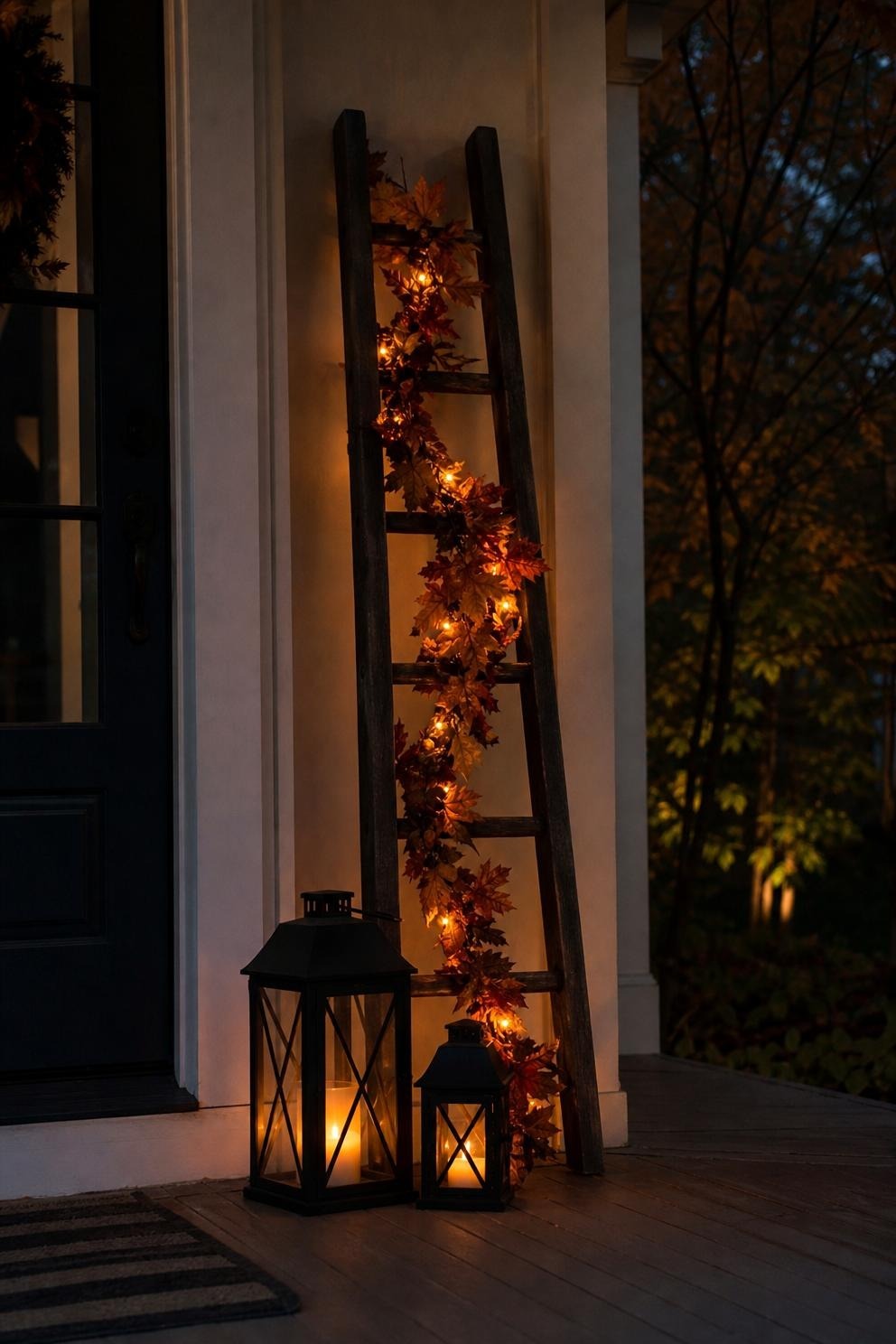 A ladder on a porch after dark with a lit leaf garland woven through the rungs and two black lanterns at the base throwing light upward