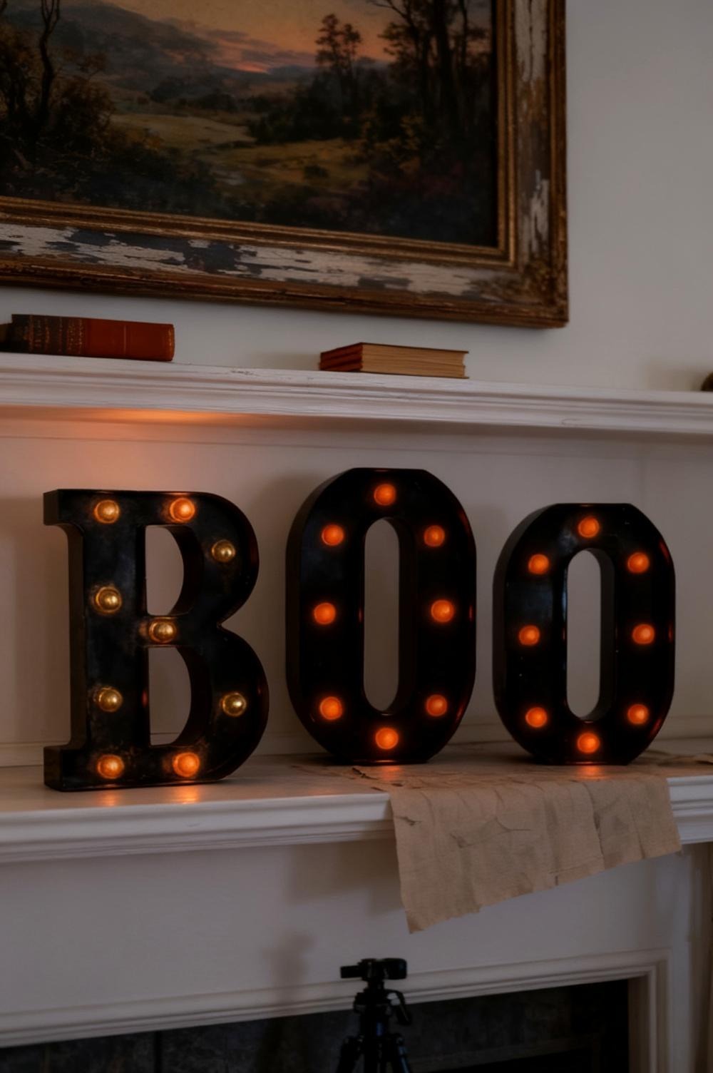 The real BOO marquee tabletop letters used as one small focal accent on a quiet Halloween mantel