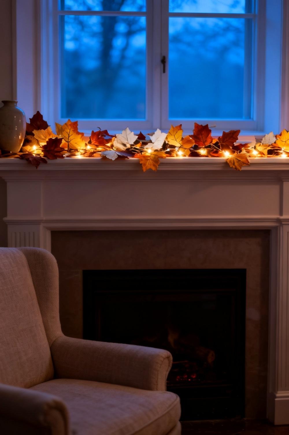 The real lighted fall leaf garland resting loosely along a fireplace mantel in a lived-in evening living room
