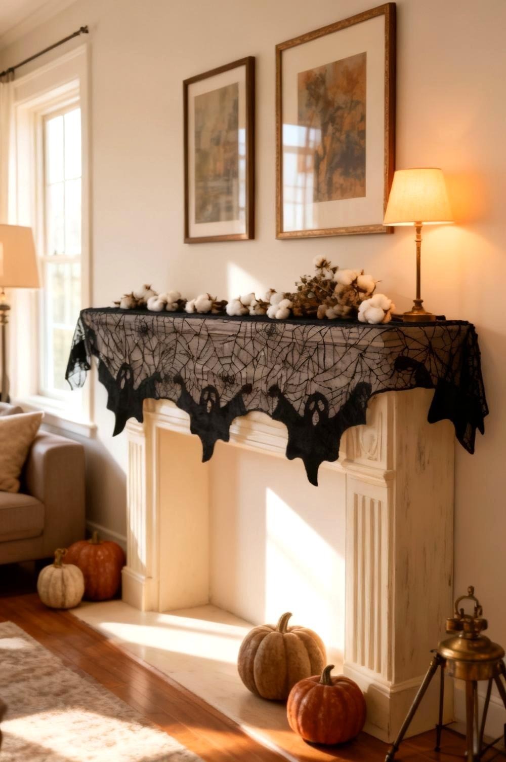 The real black lace mantel scarf restaged on a modest cream fireplace with a few widely spaced neutral Halloween details