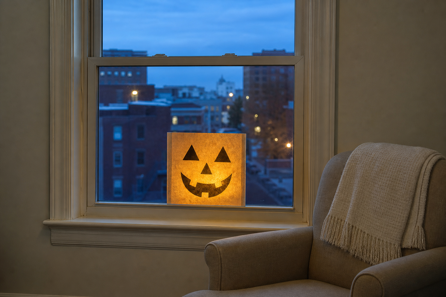 Amber translucent jack-o-lantern panel glowing in one apartment window pane
