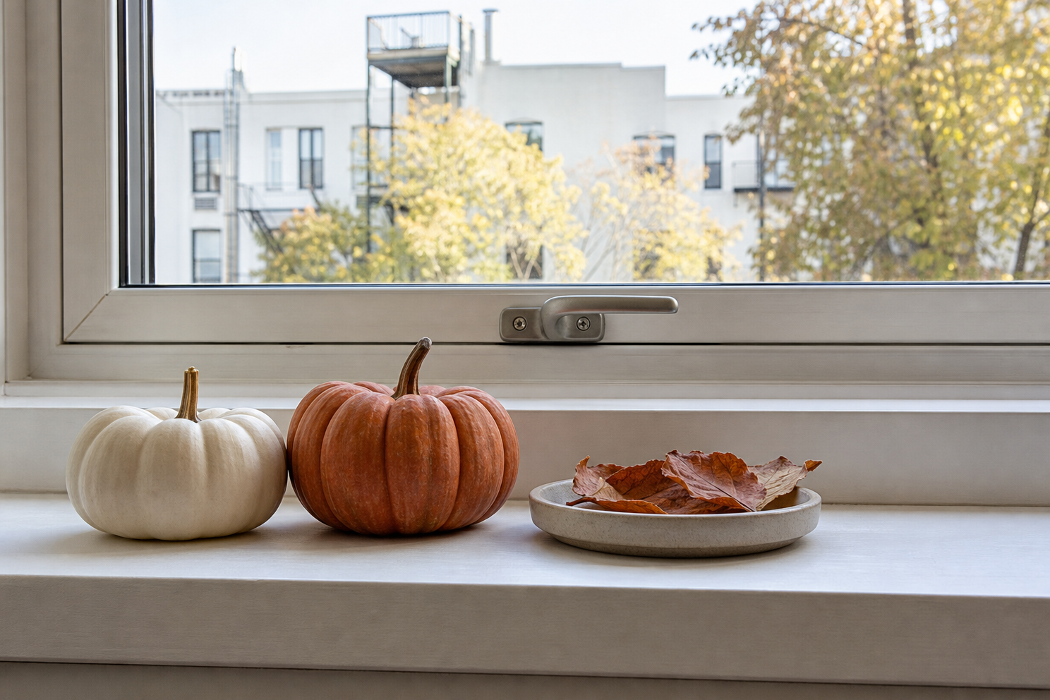 One white pumpkin and one muted orange pumpkin arranged low on a narrow sill