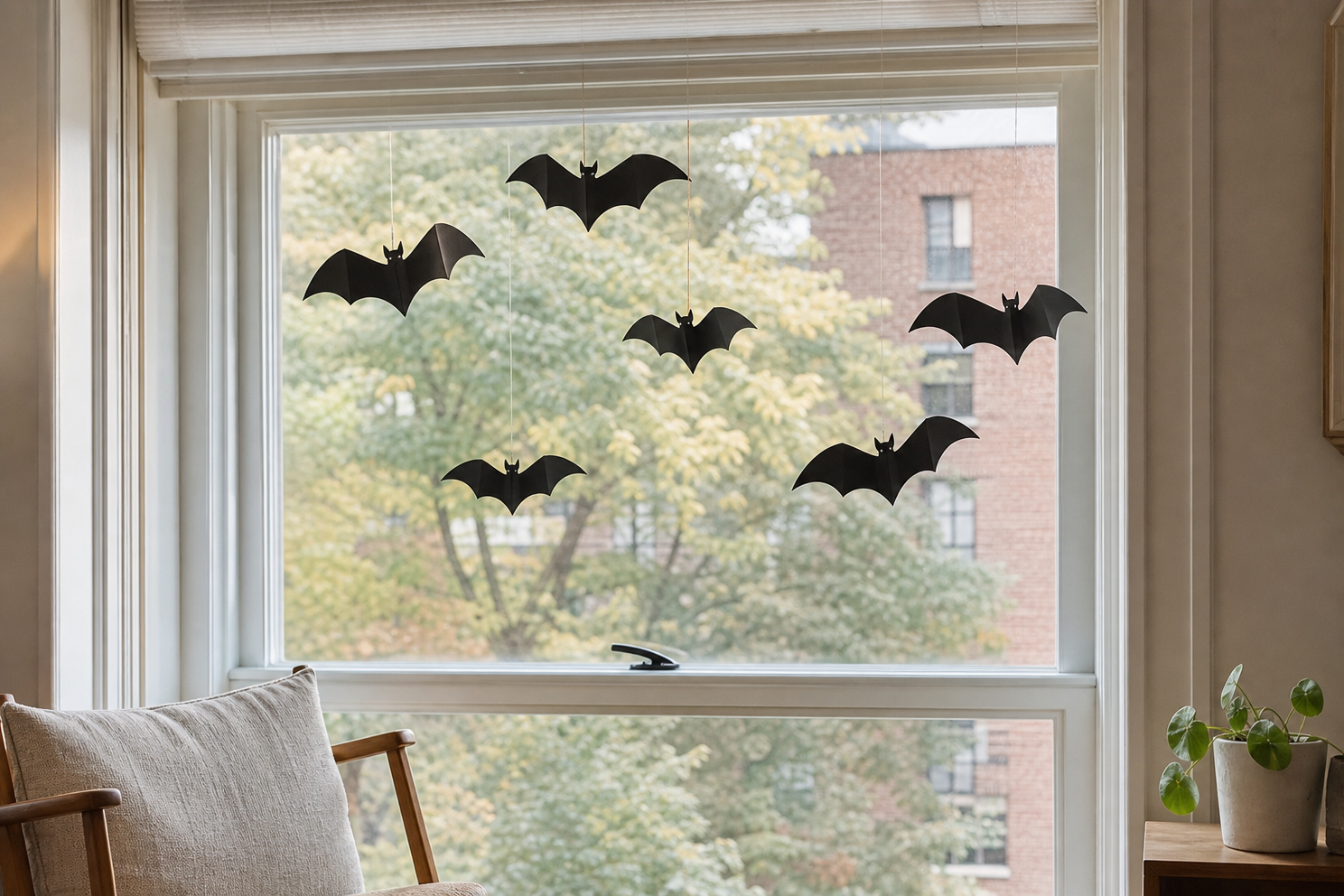 Light paper bat mobile hanging inside the room near an apartment window