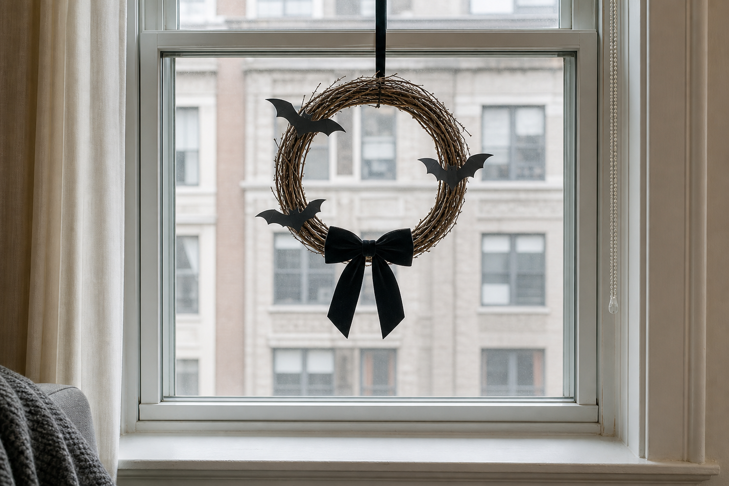 Small twig Halloween wreath with matte black paper bats and a short velvet bow