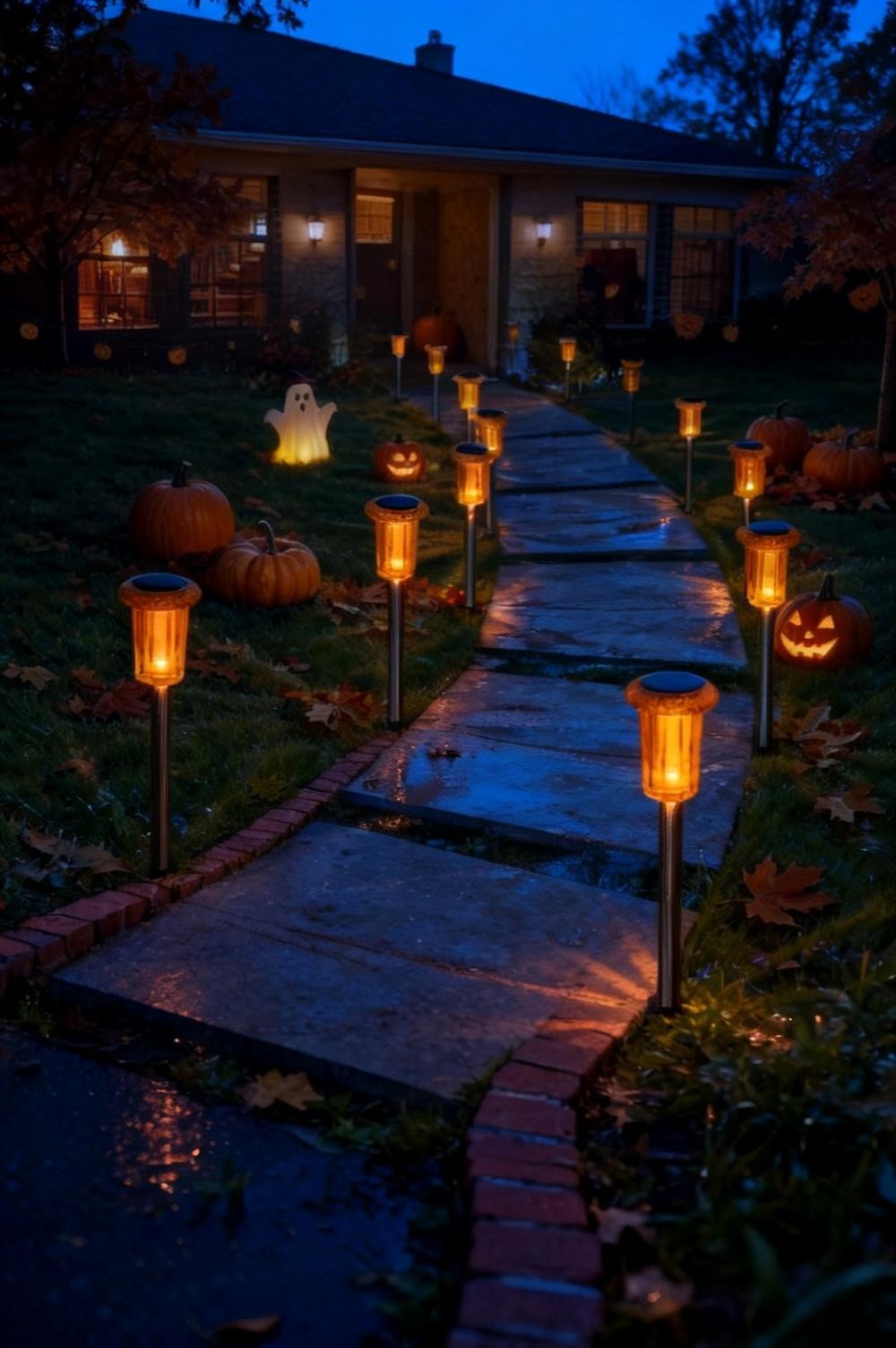 Low warm solar torch lights with flickering amber flames lining a concrete front walkway at dusk, the porch steps visible beyond them