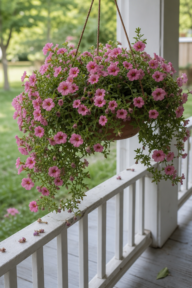 Hanging basket of pink calibrachoa cascading over the edge of a clay pot on a porch railing