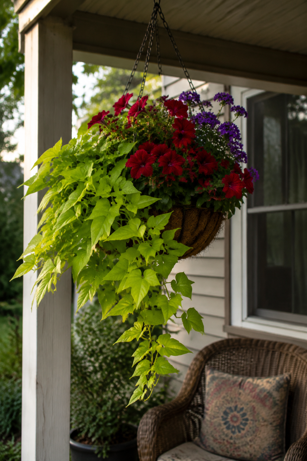 Hanging basket with chartreuse sweet potato vine trailing over the edge, paired with red petunias and verbena