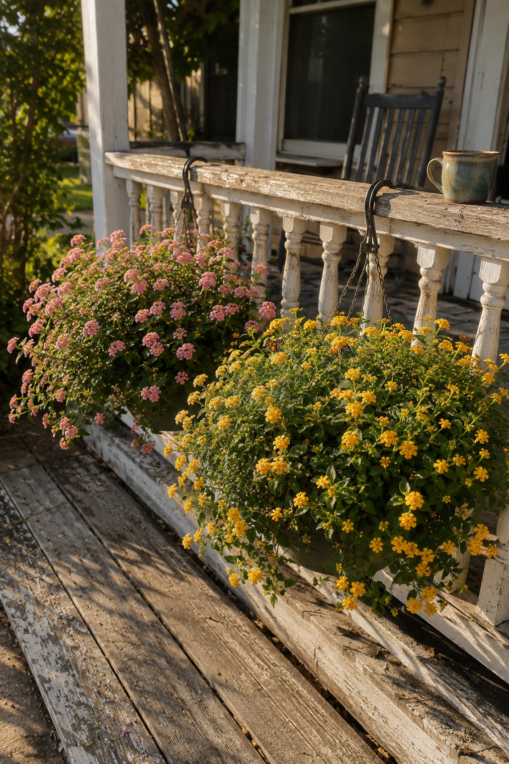 Two hanging baskets of trailing lantana in pink and yellow on the railing of a sunny porch in late afternoon