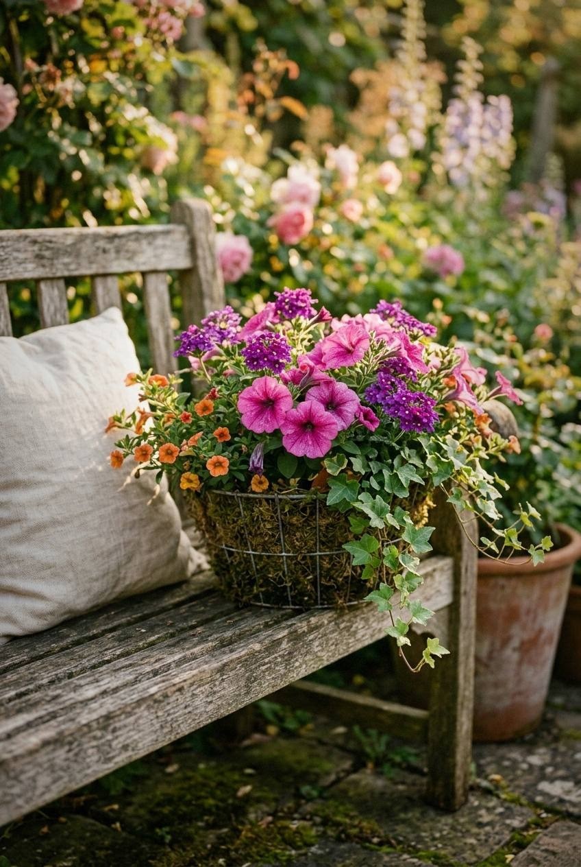 Hanging basket with calibrachoa flowers and trailing sweet potato vine on a sunny porch