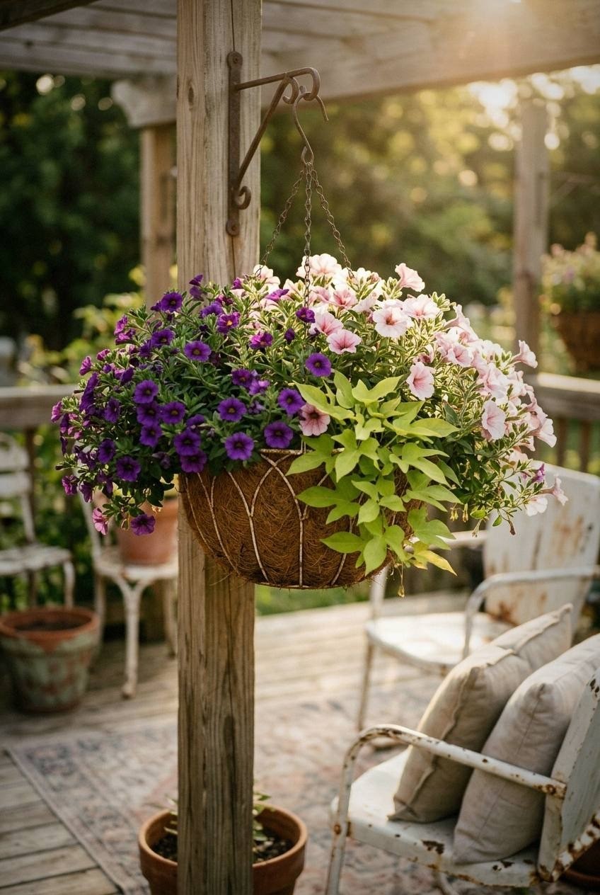 Hanging basket with trailing pink geraniums white bacopa and diamond frost euphorbia