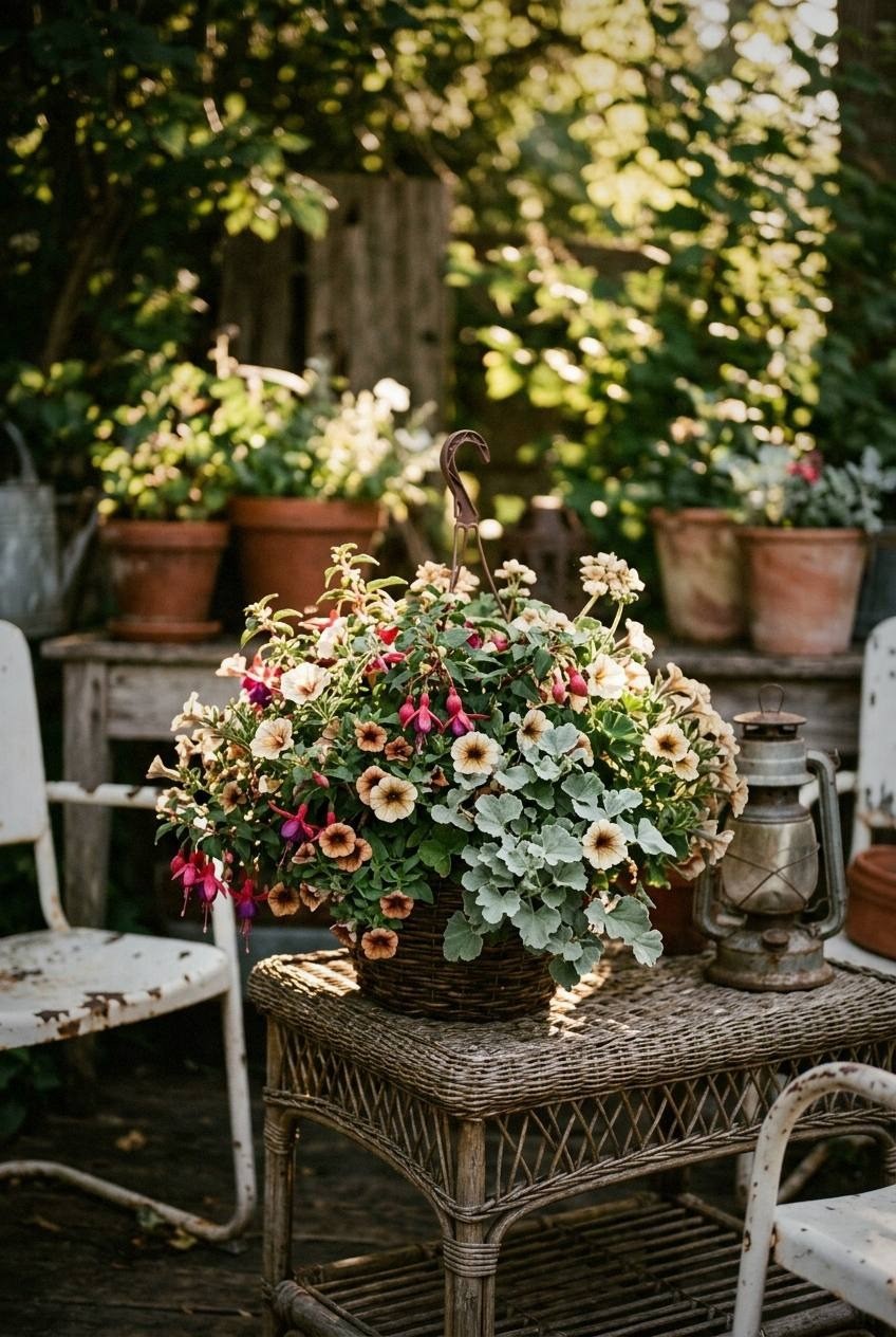 Shade-loving hanging basket with begonias and trailing lobelia on a covered porch