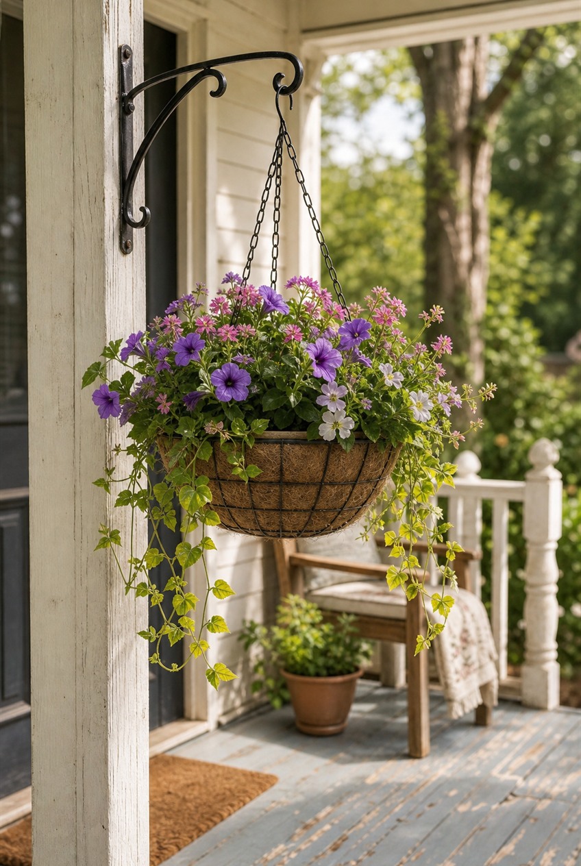 Plain front porch softened with hanging flowers and potted plants
