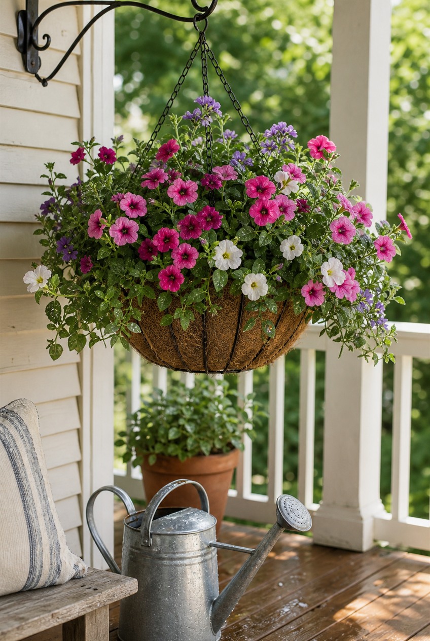 Simple porch flowers and greenery near a lived-in front door