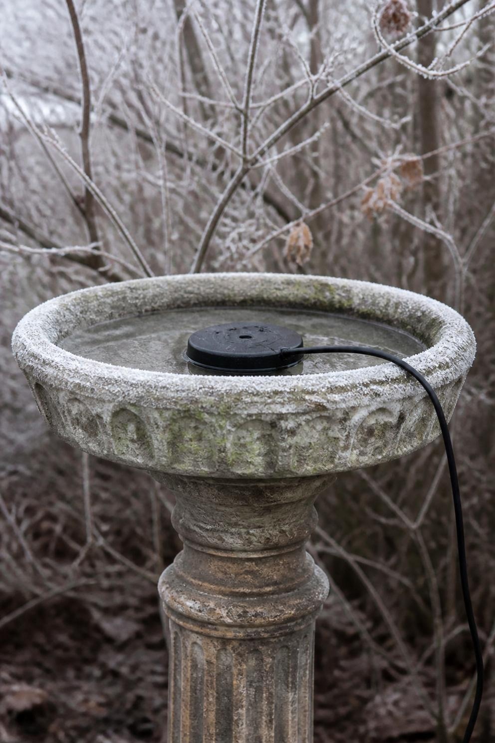 A submersible bird bath de-icer resting in the basin of a stone bird bath with the cord running over the rim